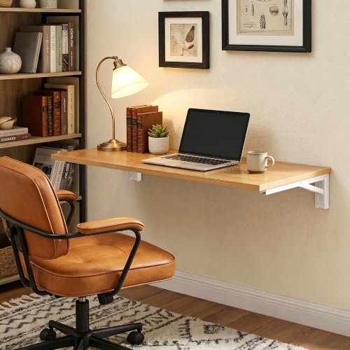 Need 47x20IN Wall Mounted Folding Table for Office Laundry Teak - color: Teak Color Desktop & Warm White Folding Brackets, size: L47.2" * W20"