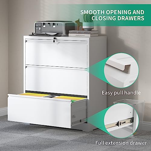 IKIMI Lateral File Cabinets 3 Drawers,White Metal Filing Cabinet for Office - color: White, size: 15.7"D x 35.4"W x 40.4"H