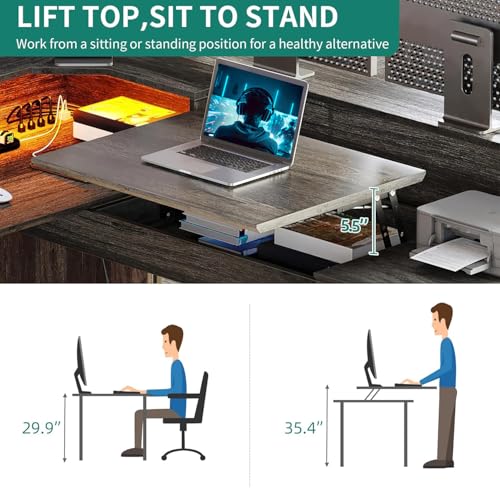 YITAHOME 60" L Shaped Lift Top Corner Desk with Power & LED, Grey
