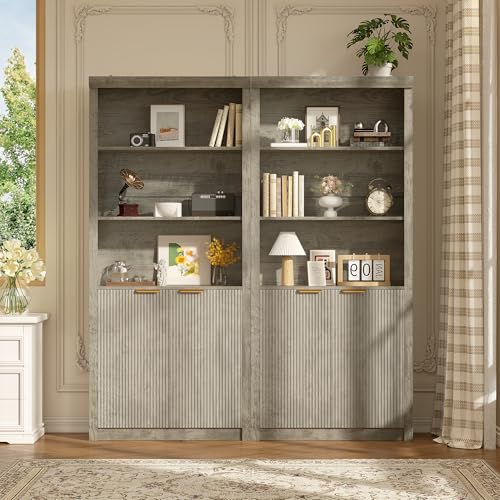 Modern Tall Book Shelf and Bookcase, 31.5"Wide Bookshelf with Doors, Farmhouse Book Case with Adjustable Top Shelf, Wood Storage Cabinet with 5 Tier Display Shelves for Home Office, Living Room,Grey | Farmhouse Book Case with Storage, Wood Storage Cabinet