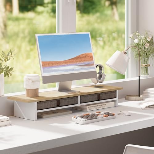 Fenge 35 Inch Monitor Stand with Drawer Storage, Computer Riser for Desk - color: Oak