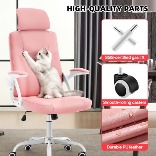 Leather Office Chair,Executive Ergonomic Desk Chair for Home Office, White-Pink - color: White-pink