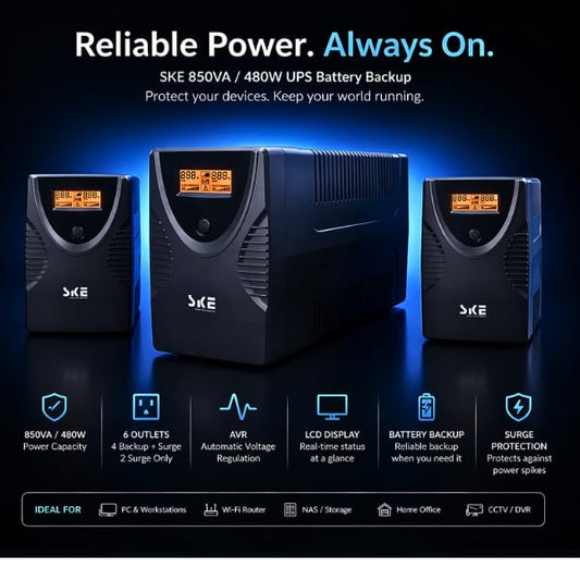 SKE SK850 850VA/480W UPS Battery Backup & Surge Protector - Uninterruptible Power Supply with LCD Display, AVR Voltage Regulation, 6 Outlets, Backup Power for PC, Router, NAS & Home Office - size: 850VA/480W