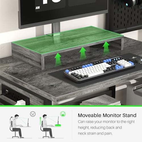 Small Gaming Desk with 2 Fabric Drawers - Reversible Computer Desk with Power Outlet & LED Lights, 49" Office Desk with Monitor Stand & Storage Shelves, Writing Study Table with Pegboard, Grey Oak - color: Grey Oak