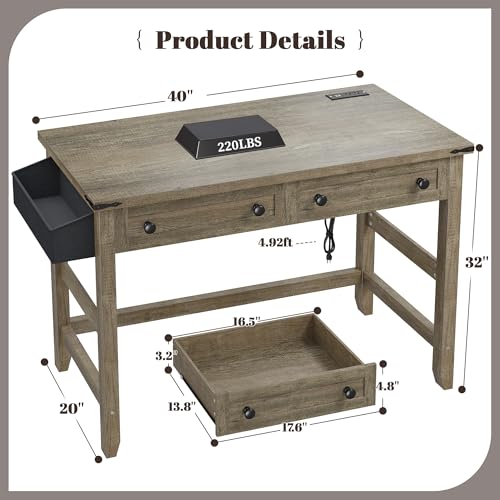 EnHomee 40“Small Desk with Drawers & Side Pocket for Teens & Bedroom | 2 Wooden Storage Drawers & Side Pocket; Store Stationery & Personal Belongings for Teen Small Bedroom Space, Dark Rustic Oak - color: Dark Rustic Oak, size: 40inch with Drawers