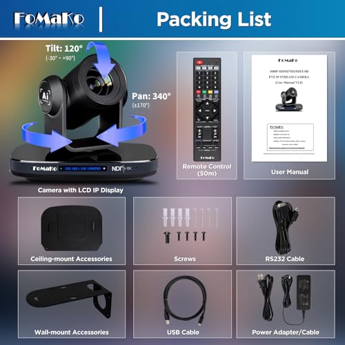 FoMaKo NDI PTZ Camera 30X Optical 16X Digital Zoom, NDI 6 & HX3, 1080P 60fps AI Auto-Tracking/Auto Frame, HDMI 3G-SDI USB3.0 PoE+, LCD IP Display for Live Streaming Church Worship Conference Room-KN30 - color: Deep Black