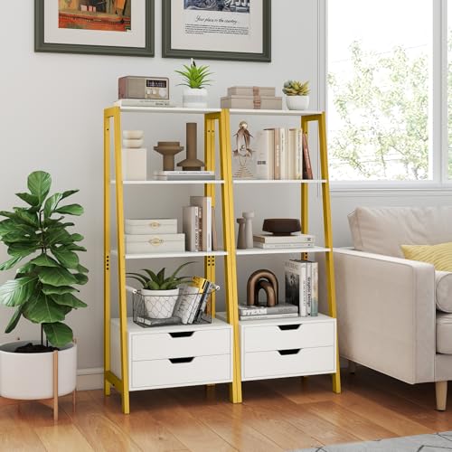 GIANTEX 4-Tier Bookshelf with 2 Drawers Set of 2, Modern Ladder Bookshelf w/Storage, Sturdy Metal Frame, Anti-toppling Devices, Display Standing Shelf Unit, Freestanding Bookcase, White & Gold - color: White & Gold