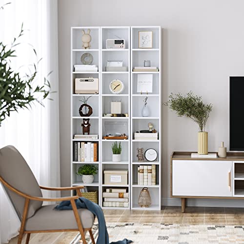 FOTOSOK Bookshelf Bookcase 8-Tier Narrow Bookshelf Tall CD Media Tower Rack | 11.6 X 9.3 X 70.9 White Bookshelf, Tall Narrow Slim Skinny Display Bookcase with Cube Storage and 4 Adjustable Shelves - color: White