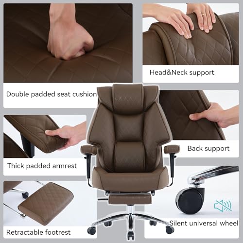 EXCEBET Big and Tall Office Chair with Footrest, PU Leather High Back Executive Office Chair 400lbs, Ergonomic Computer Chairs Lumbar Support for Heavy People (Brown) - color: Dark Brown