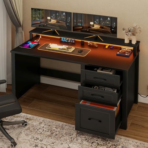 Vabches 47" Farmhouse Executive Desk with 3 Drawers,LED Lights,Pure Black - color: Pure Black, size: 3 Drawers & Monitor Stand