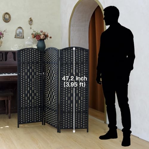 Compact 3 Panel Short Room Divider, 47.2 Inch Tall Double-Sided Rattan Folding Screen for Home & Office,Black - color: Black, size: 3 Panel