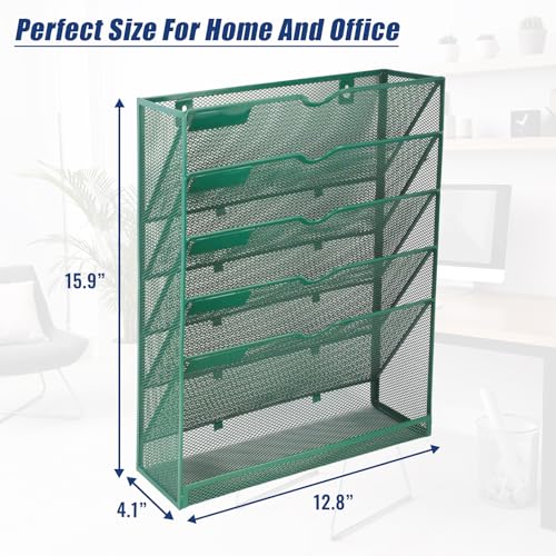 EASEPRES 6 Tier Desk File Organizer, Mesh Hanging Wall Mount Document Organization Stand, Desktop Vertical Mail Paper Folder Holder Rack with Bottom Tray for Office Cubicle, Sides Closed, Dark Green - color: Dark Green, size: 6 Tier Upgrade
