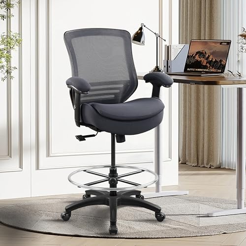 400lbs Office Drafting Chair Wide Dual Seat Cushion Height Adjustable Armrest for High Standing Desk with Lumbar Support and Enlarged Adjustable Footrest (Black Frame Gray Fabric) - color: Black Frame Gray Fabric