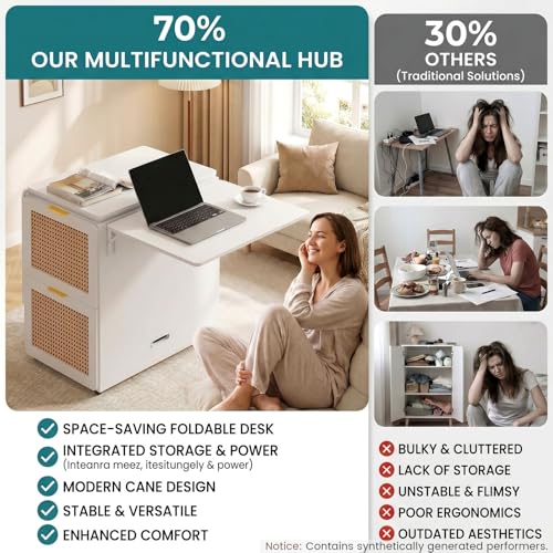 62.7" Folding Desk with 4 Drawer File Cabinet, Space-Saving Desk | Mobile Foldable Workstation for 2 Person, for Renters, Studio Dwellers, Built-in Power Outlets, Flip-top Hidden Storage