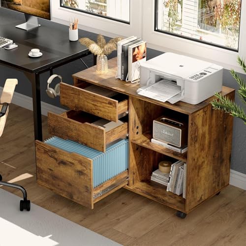 File Cabinet with 3 Drawers, Mobile Lateral Filing Cabinet with Open Storage Shelves for Home Office Under Desk Storage, Brown - color: Brown