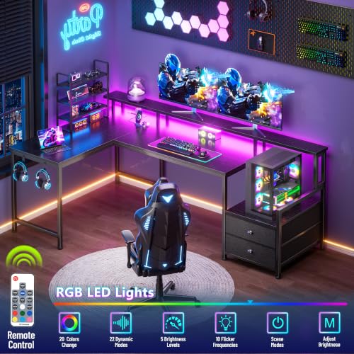 Korfile 57'' L Shaped Gaming Desk with Storage Drawers, Power Outlets, LED - color: Black, size: Medium: 57 inches