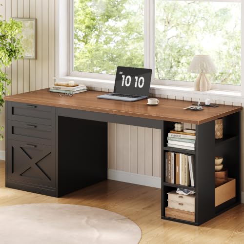 SEDETA 55.1" Farmhouse Office Desk with 3 Drawers for Home Office - color: Black and Brown, size: Executive Office Desk (55")