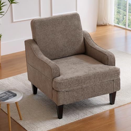 Set of 2 Accent Chair for Living Room,Mid-Century Arm Chair Chenille Fabric Living Room Chairs,Upholstered Reading Chair for Bedroom,Single Sofa Chair with Wood Legs for Apartment (Brown) - color: Brown
