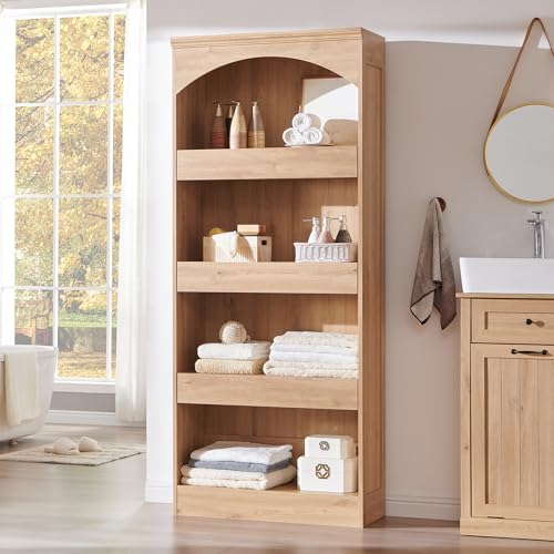 IFGET 76" Tall Arched Bookcase with 1PC Magnetic Lock Drawer, Natural | Modern Wooden Arch Bookshelf w/3 Pull-Out Drawers, Farmhouse 4 Tiers Book Shelf w/Open Shelves for Living Room, Office - color: Natural, size: With Drawers