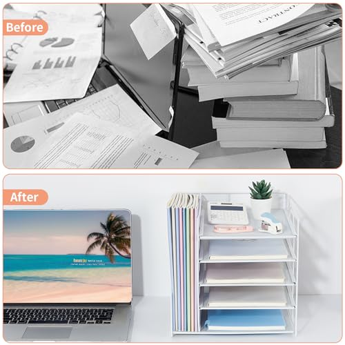 LEKETREE Desk Organizers and Accessories, 5-Tier Paper Letter Tray Organizer with File Holder, Desktop Organizer for Office Supplies (White) - color: White, size: 12" x 12" x 12"