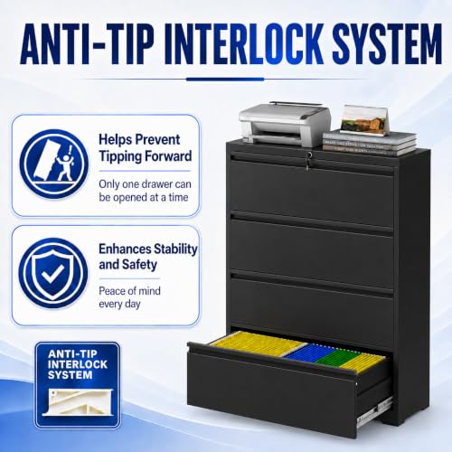 4 Drawer File Cabinet with Lock, Metal File Cabinet, Black - color: Black, size: 52.3"H - 4 Drawer