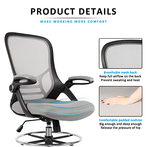 HYLONE Drafting Chair, Tall Office Chair Standing Desk Chair Grey Mesh High-Back Drafting Stool with Flip-Up Arms, Adjustable Foot Ring - color: Black Frame & Grey Mesh