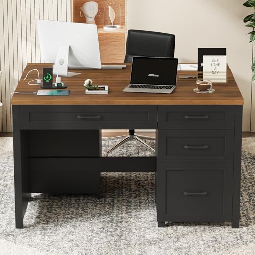 Farmhouse 47" Computer Desk, Executive Desk with File Drawer, Black Brown - color: Black Brown