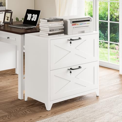 Farmhouse File Cabinet with Lock, Lateral File Cabinet with 2 Large Drawer for Letter/Legal/A4 Hanging Files,File Storage Cabinets Printer Stand for Home Office School, White - color: White, size: 27.8"H x 28.35"W x 15.75"D