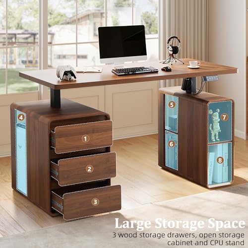 55" Wood Electric Standing Desk with Drawers and Storage Shelves - color: 55'' Walnut