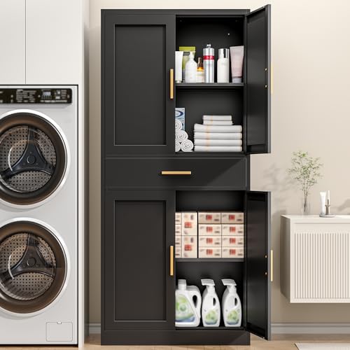 71" Metal Storage Cabinet with 1 Drawer, 2 Adjustable Shelves - color: Black, size: 71" H&Handles-1Drawer