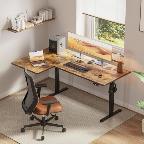 Klicelor L Shaped Standing Desk, 55 Inch Electric Height Adjustable Desk with Memory Preset, Reversible Sit Stand Up Computer Workstation for Home Office, Splice Board, Rustic Brown - color: Rustic Brown, size: 55 x 28 Inch