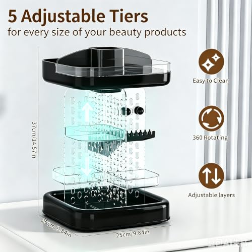 Rotating Makeup Organizer, 5 Adj. Tiers for Skincare & Brush Holder | 14 compartments for cosmetics & jewelry. 360° silent spin. Sturdy, easy-clean acrylic. For vanity, bath & desk - color: Black