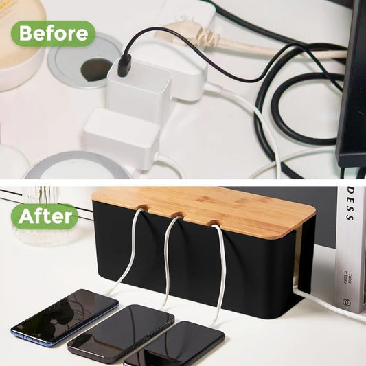 Bamboo Lid Cable Management Box, Plastic Wire Organizer with Holes, Desktop Cable Organizer for Power Strip, Charger, Data Cables, Multiple Colors Available,Dark and Cool - color: Dark and Cool
