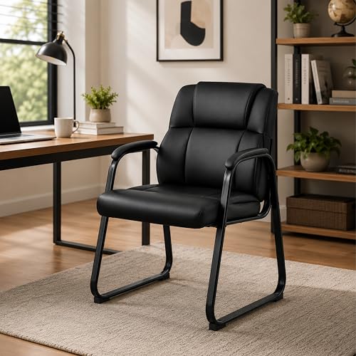 Simple Deluxe Leather Guest Chairs with Padded Arms & Sled Base - Set of 1 Stationary No Wheel Waiting Room Chair for Conference Reception Rooms, Lobby, Home Office Computer Desk, Bedroom, Black - size: Sled Base Leather Chairs 1 Pack