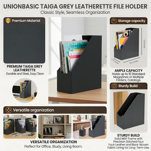 UnionBasic Magazine File Holder, Grey | Leatherette, Desktop Document Organizer, Home Office Paper Holder, File Storage Literature Sorter - color: Grey
