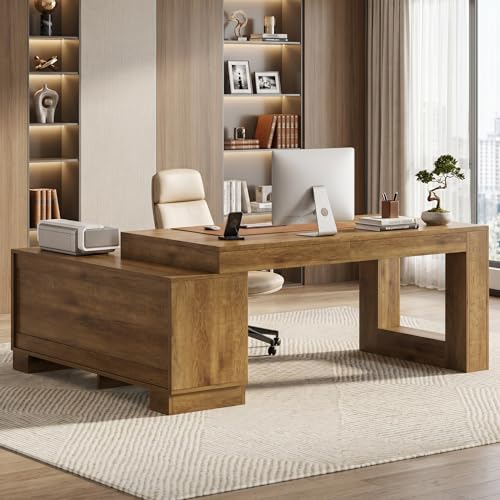 LITTLE TREE L Shaped Executive Desk, Large 63" Executive Desk with File Cabinet, Modern L Shaped Desk, Corner Computer Desk for Home Office & Business Furniture Workstation, Brown - color: Brown
