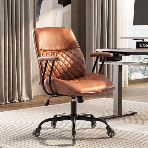 NEO CHAIR Brown Leather Office Chair with Ergonomic Design, Swivel Chair | Modern Computer Desk Chair with Genuine Leather, Lumbar Support, Removable Arms, Comfy Chair for Home Office, Smooth Rolling - color: A. Mid-back Brown