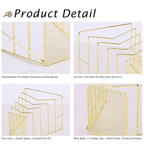 Incline File Sorter, Wire Magazine Holder Rack for Mails, Folders and Books, Desk Paper Storage Organizer for Home and Office, 5 Sections, Gold
