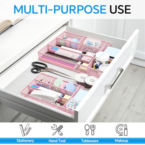 Desk Drawer Organizer, Office Drawer Divider Organizer Tray with 6 Compartments, Metal Mesh Desktop Organization and Accessories for Stationery Makeup Kitchen Toolroom School &Office (Large-Pink) - size: Large-Pink