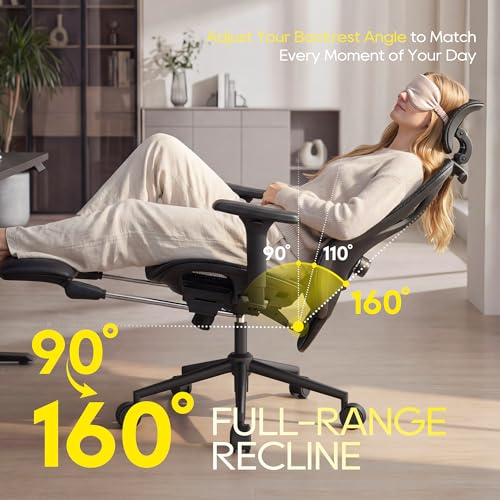 CYKOV Ergonomic Office Chair with Footrest - Adjustable Lumbar Support & Headrest, 90-160° Reclining Mesh Back Computer Chair - Home Office/Gaming, 350lbs Capacity (B-Black, Mesh) - color: B-black
