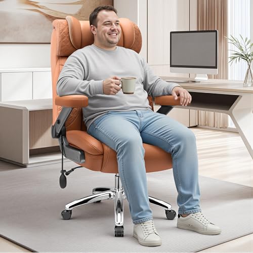 Big and Tall Office Chair for Heavy People, 500LBS Wide Seat Computer Desk Chair, Extra Large Executive Gaming Chair with Adjustable Lumbar Support and 5D Flip Arms, Comfy Heavy Duty Office Chair - color: Brown