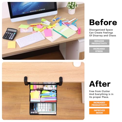 Under Desk Drawer, Clamp on Desk Organizer Slide Out Table Storage No Drill - color: Black - 2 Tier