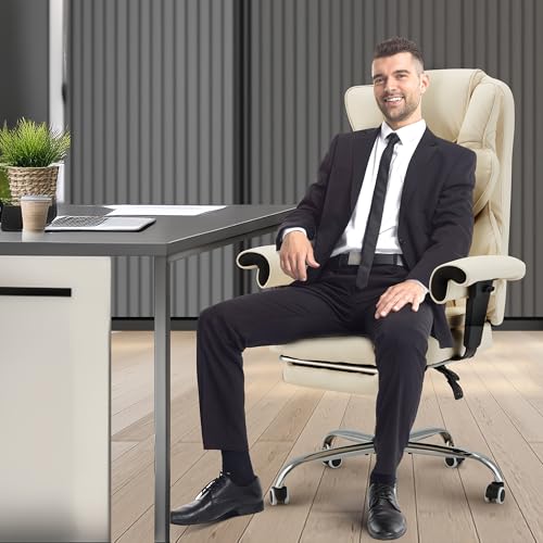 HOMREST Heated Massage Executive Office Chair with Foot Rest,Off White - color: Off White