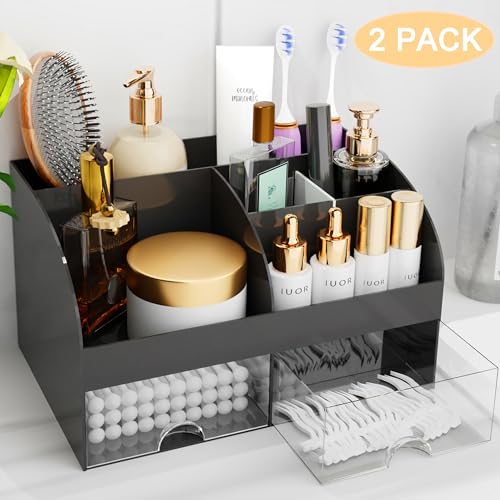 Makeup Organizer with Drawers, Cosmetic Storage for Dresser Vanity and Bathroom Countertop, Beauty Holder for Lipstick Brush, Skincare Organizer for Vanity, Cosmetic Display Case (Black-2Pack) - color: Black-2Pack