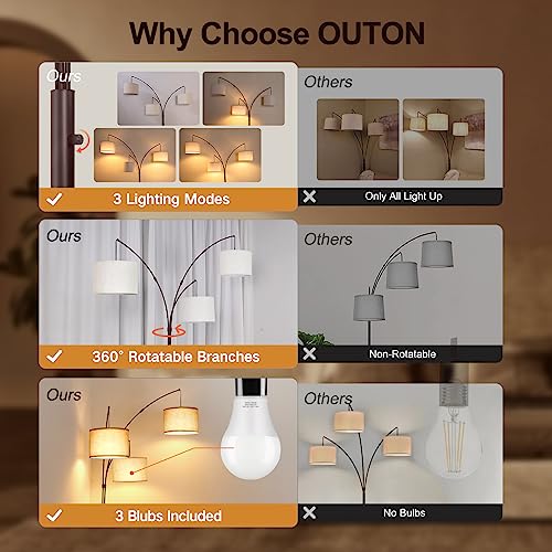 OUTON Tall Arc Floor Lamp - Adjustable, Modern, 3-Light Arched Lamp for Bedroom, Office, and Living Room, 2400lm Mid Century Design with 3 Energy-Efficient LED Bulbs Included, Beige Lampshade - color: Brown+Beige Shade