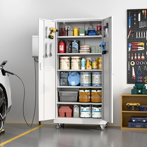 Aobabo Upgrade 71H''*34''W*18''D Metal Garage Storage Cabinet with Wheels and Pegboards, 5 Adjustable Shelves Steel Storage Cabinets for Home,Warehouse,Garage,Assembly Required,White - color: White, size: 18"D x 34"W x 71"H-0 Drawers