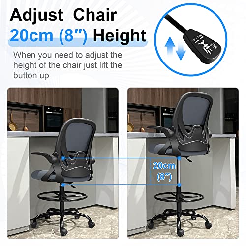 Primy Drafting Chair Tall Office Chair with Flip-up Armrests Executive Ergonomic Computer Standing Desk Chair with Lumbar Support and Adjustable Footrest Ring(Dark Gray) - color: Dark Gray, size: 934-Z