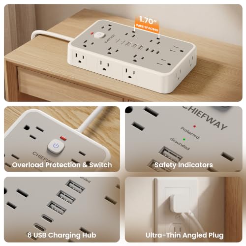 10 FT Surge Protector Power Strip with 6 USB, 16 Outlets, 2400J - color: White / Gray, size: 10 FT