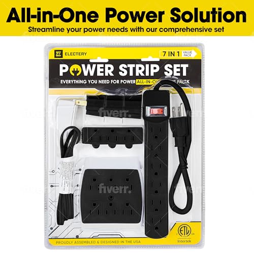 7 Piece Power Value Pack, Multi-Outlet Kit Set Includes: 6 Outlet Power Strip 16/3 | 6 Outlet Extender | 3 Outlet Extender, | 5 Ft Indoor Extension Cord, | 3 Pcs 3 to 2 Prong Adopters, | Black - color: Black