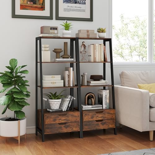 GIANTEX 4-Tier Bookshelf with 2 Drawers Set of 2, Modern Ladder Bookshelf w/Storage, Sturdy Metal Frame, Anti-toppling Devices, Display Standing Shelf Unit, Freestanding Bookcase, Rustic Brown - color: Rustic Brown
